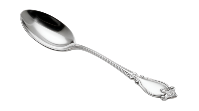 Silver Spoon: A close-up shot of a beautifully crafted silver spoon, showcasing its elegant design and reflective surface, suggesting refined dining and culinary artistry.