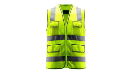 Safety Vest: A vibrant yellow safety vest with reflective stripes ensuring high visibility and protection, essential for occupational safety and traffic control