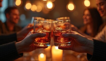 People celebrate. Cheers with whiskey glasses. Friends toasting at bar. Joyful moment in restaurant. Celebration friendship, fun, leisure, holiday, event, party. Alcoholic beverages. Ice cubes.
