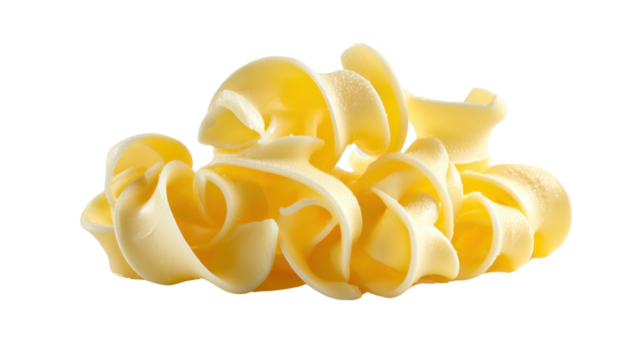 Swirled Pasta: A close-up of perfectly cooked and artfully arranged rotini pasta, offering a visual feast with its inviting texture and appealing yellow hue.
