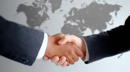 Businessmen greeting with handshake in front of a global map background showing trust and international business relationships