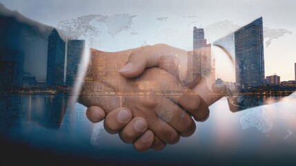 Businesspeople meet and shake hands with city skyline and world map behind, symbolizing worldwide connection and teamwork