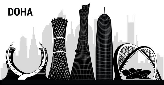 A vector masterpiece showcasing Doha&rsquo;s detailed skyline silhouette&mdash;sleek, modern, and iconic. Perfect for travel art, branding, souvenirs, and Qatar-themed creative projects.