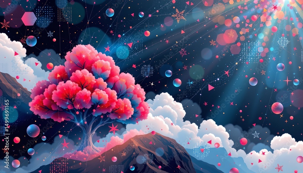 Poster vivid coral abstract symmetrical polygon shape net cloud illustration on the left with copy space on