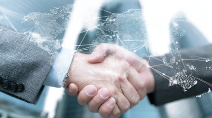 Handshake with world map and buildings in background shows business deal, global network, and corporate expansion