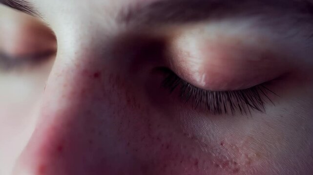 Young woman experiencing skin irritation, showing redness and discomfort with closed eyes during close up facial portrait highlighting sensitive dermatological condition