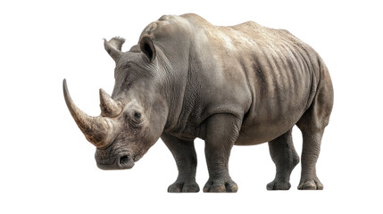 Obraz premium Majestic Rhinoceros: A striking rhinoceros, with its impressive horn, stands tall, showcasing its robust form and unique textured skin.