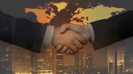 Double exposure of business people shaking hands with city skyline and world map at night showing global handshake and business cooperation concept