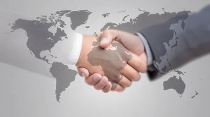 Businessmen shaking hands on white background with world map behind, symbolizing global handshake and business agreement connection
