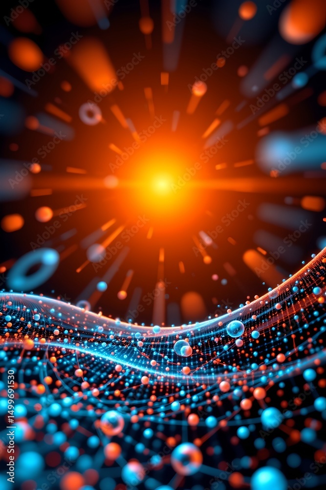 Poster abstract technology stream background with dynamic wave of dots and network connection structure in 