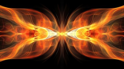 Fototapeta premium Fiery, symmetrical abstract artwork resembling wings or a butterfly, with warm orange and yellow hues against a black background
