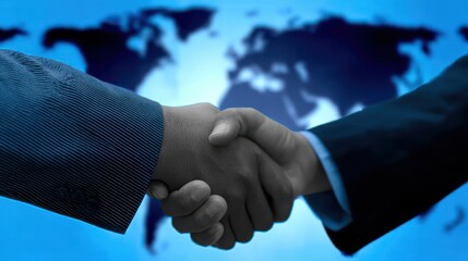 Two businessmen shaking hands with world map in background, showing global handshake and strong business cooperation links