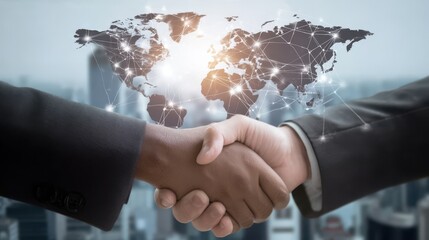 Business handshake with global map network and city behind, symbolizing business agreement and international cooperation