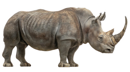 Naklejka premium Giant Rhinoceros in Profile: A majestic rhinoceros stands proudly, its thick hide and prominent horn on full display, embodying the strength and resilience of the animal kingdom.