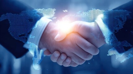 Digital illustration of businessmen shaking hands with world map behind, highlighting global handshake and business cooperation themes