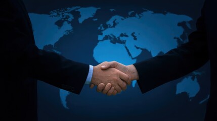 Two businessmen shaking hands on dark blue background with world map, representing business cooperation and global handshake