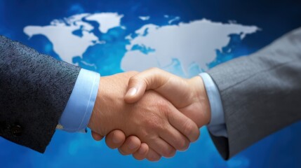 Two business people shaking hands with world map against blue backdrop, showing global handshake and international business agreement