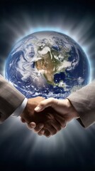 Two business people shaking hands with earth behind them, showing business cooperation and global handshake in a worldwide agreement