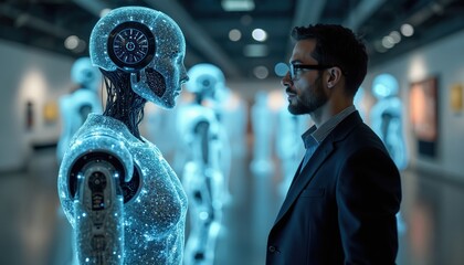Man talking to AI robot. Futuristic tech or machine learning concept. Generative AI tech. Digital innovation, human-computer interaction. Discuss future with virtual assistant in museum or gallery.