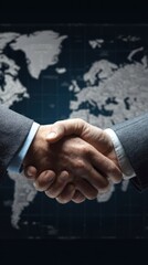 Two business people shaking hands over a world map, symbolizing business cooperation and global handshake for international agreements