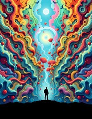 subject standing at the bottom of an imaginative fractal background, clear copy space at the top for text.