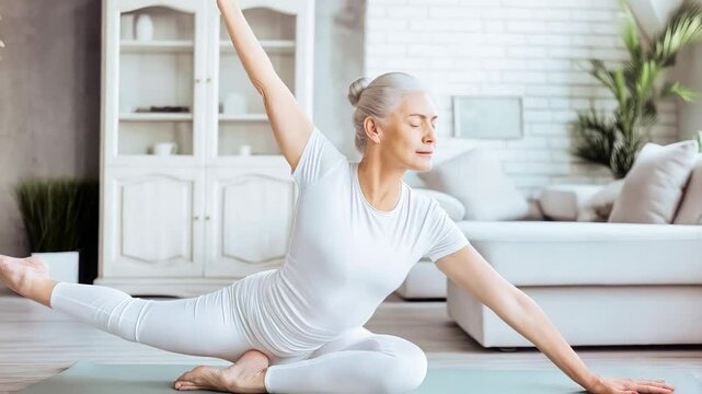 Mature woman performing gentle yoga stretches in living room, practicing wellness through mindful movement and maintaining active senior lifestyle