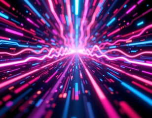 Obraz premium abstract futuristic background with pink and blue glowing neon moving high speed wave lines and bokeh lights, data transfer concept, subject positioned at the bottom