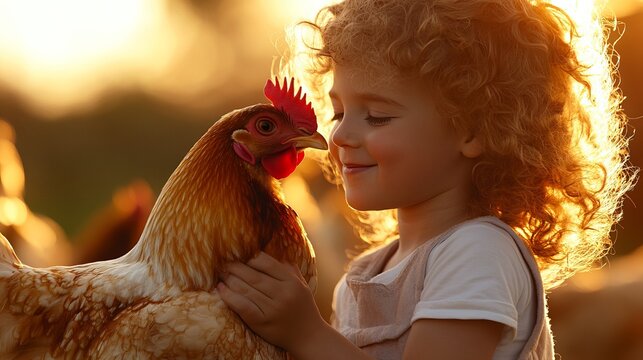 Young girl lovingly touches a chicken outdoors, enjoying the golden hour sunlight.