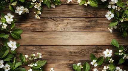 Rustic wooden background with old wood texture and green leaves with white flowers framing the edges