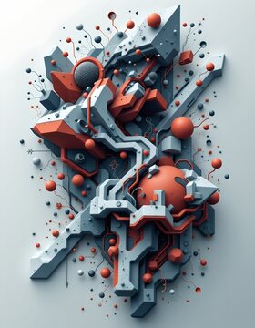 abstract puter generated image of fractal geometry with parallelipeds and geometric shapes, emphasizing a tech or virtual reality concept