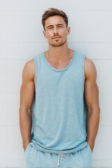 A young man in a light blue tank top mockup stands against a white wall, hands in pockets, exuding confidence and style. His muscular build and relaxed posture create a casual yet striking appearance.