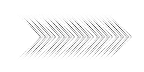 Dotted arrow. Halftone arrows with circle particles, direction simple signs. Black pointer with dots and halftone effect. Isolated arrow pictograms vector icons set. Navigation or direction concept