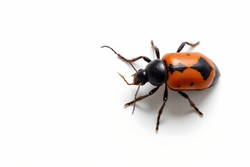 detailed orange and black beetle positioned on the right side of the image against a white background under high noon lighting, ample copy space on the left side for photo use.