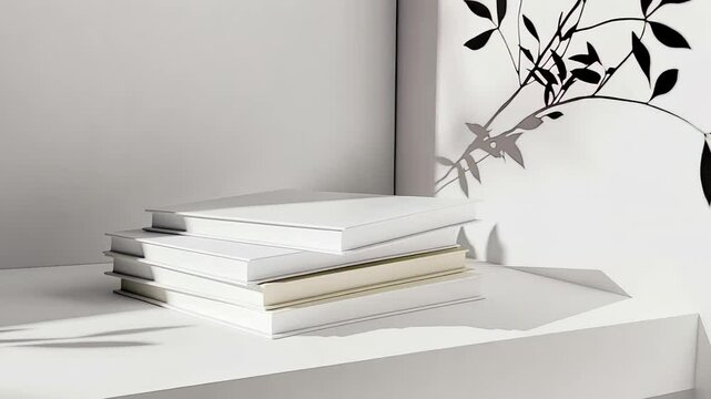 White book stack gently shifting position, casting delicate leaf shadows across pristine white background, suggesting minimalist design elegance and creative potential