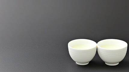 Two white bowls with milky drink, and dark background.