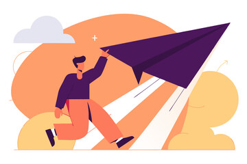 Obraz premium Man flying with giant paper plane