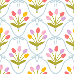 Floral seamless pattern with cute bouquets of tulips and flirty bows tied with net ribbons on a soft pastel background. Perfect for kids clothing, textiles, nursery, stationery, scrapbooking