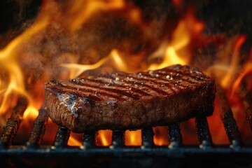 Grilled steak on barbecue grill with flames
