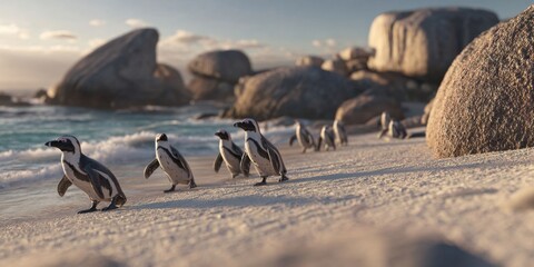 Penguins Waddling on Sandy Beaches at Boulders Beach near Cape Town