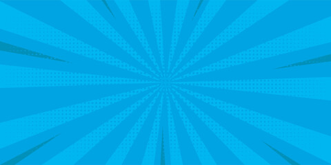 Pop art blue radial comics book cartoon magazine cover. Cartoon funny retro strip. Vector halftone illustration. Vintage backdrop for comic superhero text, speech bubble, message.