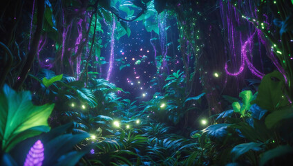 Obraz premium Enchanted Forest at Night Glowing Plants and Fireflies