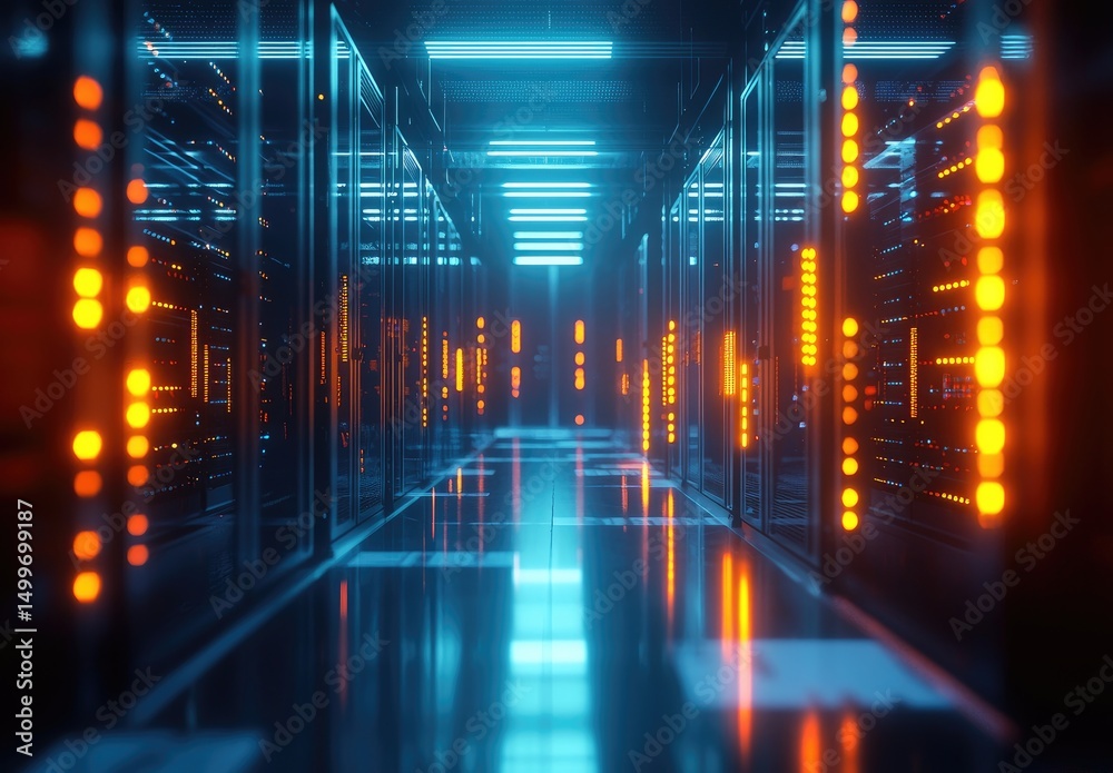 Poster Futuristic data center with glowing orange and blue server lights in a high-tech corridor, ideal for illustrating concepts in cloud storage, cybersecurity, digital infrastructure, and AI systems