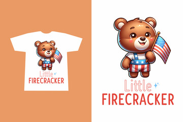 Little Firecracker Patriotic Bear Holding USA Flag Design

