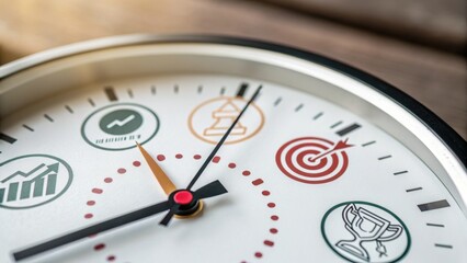 Fototapeta premium A clock face with business and achievement icons representing goals, strategy, growth, and success.
