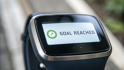 A smartwatch screen displays the message "Goal Reached," indicating a fitness or activity milestone achievement.