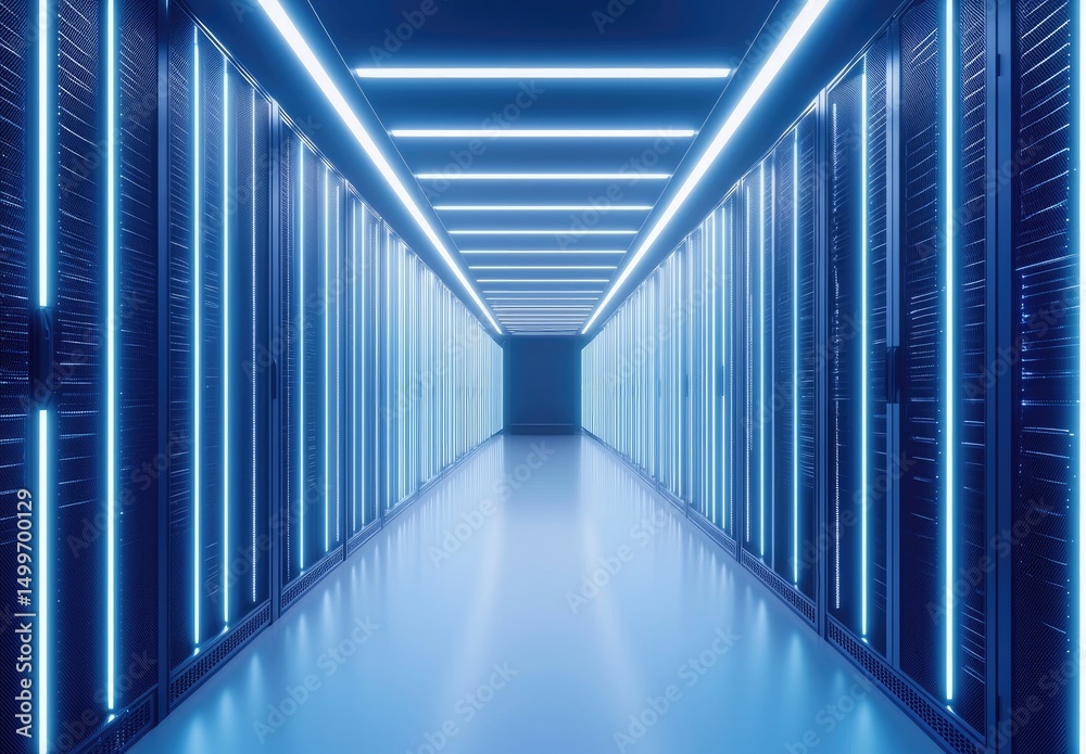 Fototapete Minimalist data center corridor with sleek blue lighting and modern server panels, ideal for cloud computing, digital infrastructure, cybersecurity environments, and futuristic tech system visuals