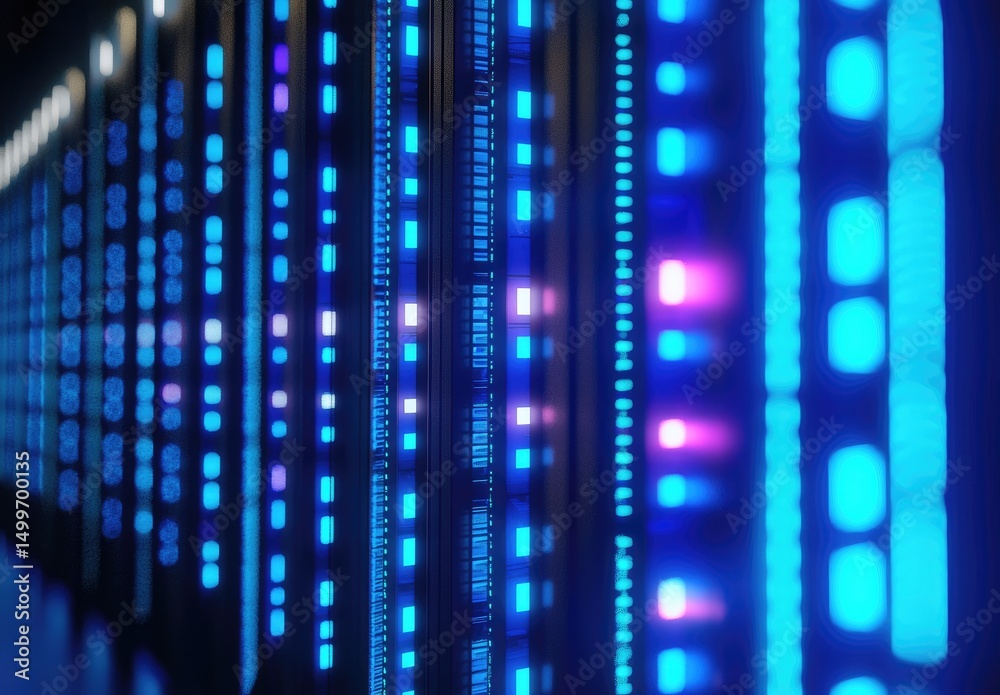 Poster close-up of glowing blue and pink led server lights in a digital data center, perfect for use in cyb