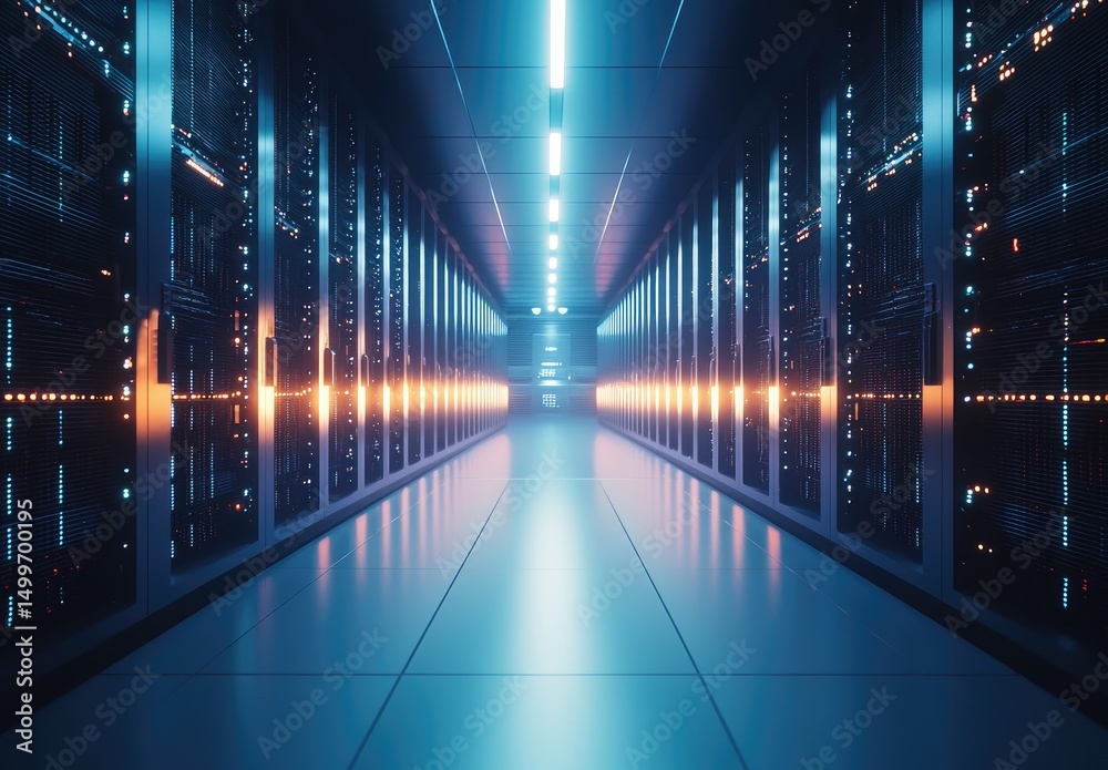 Poster bright symmetrical data center corridor with vivid blue and orange led server lights, ideal for clou