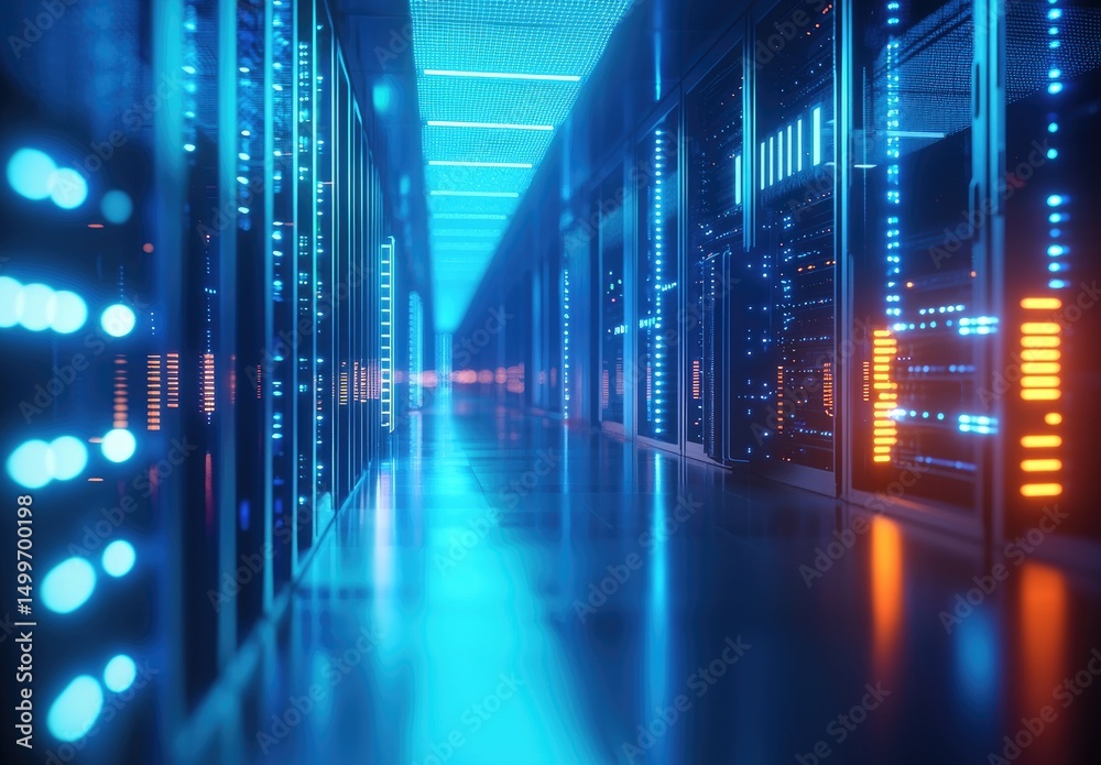 Poster Modern data center corridor with illuminated blue and orange server lights, perfect for illustrating digital cloud computing, cybersecurity, network systems, or futuristic infrastructure solutions