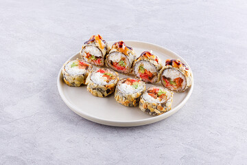 Crunchy Almond Crusted Tempura Sushi Rolls with Spicy Drizzle
